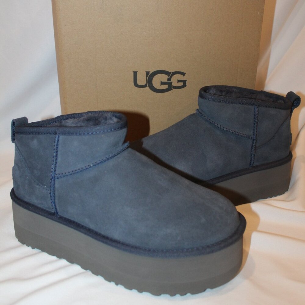 NIB UGG WOMEN'S ULTRA MINI PLATFORM‎ SUEDE SHEARLING LINED ANKLE BOOTS NAVY BLUE